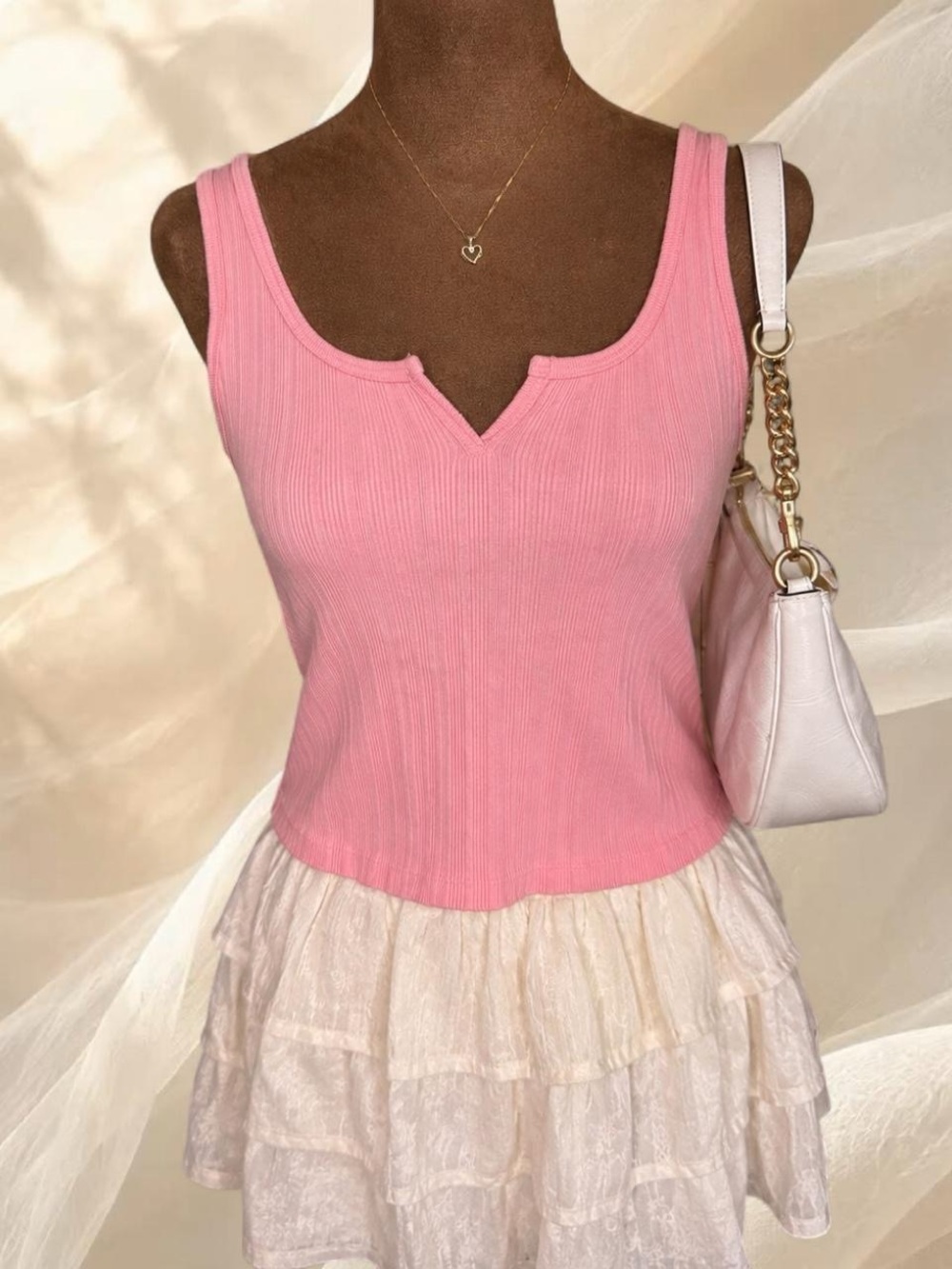 Aerie Ribbed Henley Tank Top Pink Notched V-Neck Curved Hem Small